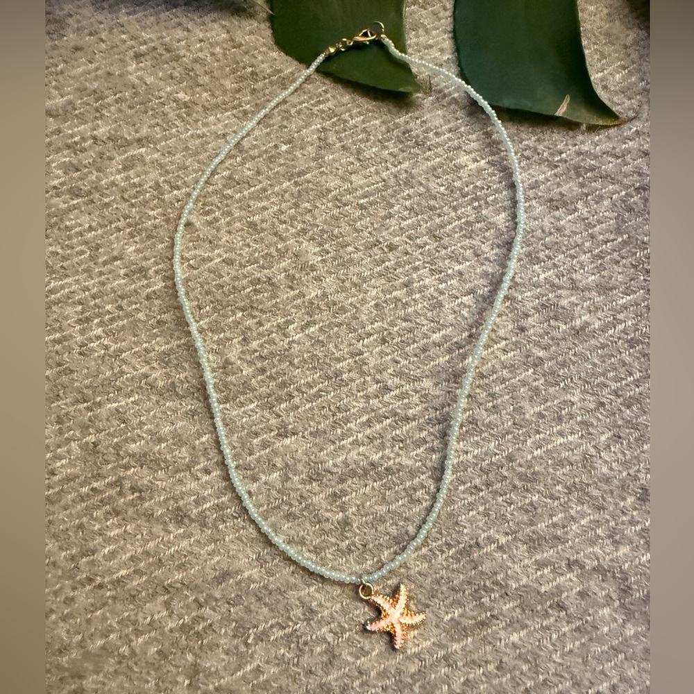 Blue and pastel pink starfish charm pendant necklace